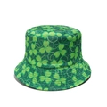 Detail of green St. Patrick's Day bucket hat with shamrock prints and white spiral dots - Green Base Clover White Swirl Print (F)
