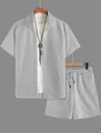 Close-up of grey men's short sleeve shirt set featuring a geometric waffle texture fabric - Light Gray