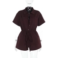 Detail view of burgundy short sleeve romper showing lapel collar and drawstring waist - S / Brown