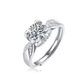 Macro shot of silver sterling ring featuring round brilliant cut stone and small side diamonds - Adjustable Open / Adjustable Band Style (R11564-6.5mm/1 Carat)