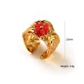 Golden hammer textured wide open ring featuring red stone floral motif 22mm width - Adjustable Open / Red