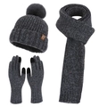 Dunkelgraues Strick-Winterset für Damen mit Pailletten und einem großen Kunstfell-Bommel - Schwarzgrau (3er Set)