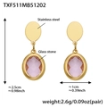 18k gold plated stainless steel oval earrings with pink glass stone on white background - Gold Earrings - Pink Glass Stone