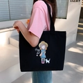Black canvas tote bag featuring a cartoon girl illustration and Happy Girl text - Happy Girl - Black