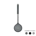 Dark gray silicone skimmer spoon with stainless steel handle, part of 12-piece utensil set - Slotted Spoon