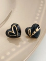 Elegant black heart stud earrings with golden love script and polished metal border - Black (10490)