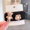 Cute black plush hair clip with brown cartoon bear and small flower on display card - J-41-Bear Plush Clip