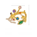 Adjustable 18K gold-plated stainless steel leaf ring with colorful rainbow zircon crystals - Colorful Rhinestone Leaf Style (SR020149)