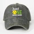 Detailed close-up of dark gray washed cotton baseball cap with Just One More Game print - Army Green