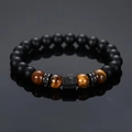 Men's matte black beads and brown tiger eye stone bracelet with micro-pave charms - Black Pave Matte Black Beads