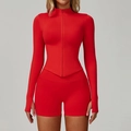 Ensemble de yoga rouge sans couture pour femme avec haut zippé et short court - S / Haut Et Bas / Rouge
