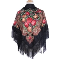 Close-up of black ethnic floral shawl with vibrant roses and long fringe details - Black