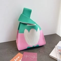 Pink and green knitted tote bag with white tulip pattern and single handle knot - Green Tulip