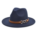 Classic navy blue wool fedora hat with brown leather band and gold chain detail - M (56-58cm) / Navy Blue