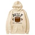 Beige American football hoodie with MILF Man I Love Football graphic and front pocket - S / Tops / Apricot (MILF Print)
