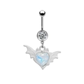 Detail of silver heart belly button ring with bat wings and iridescent opal stone - Silver Bat Wing Heart Iridescent