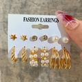 6-pair set of gold alloy earrings with pearls, crystals and large twisted metal hoops - Gold 6-Pair Set - Star Moon Pearl
