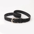 Black suede leather belt for women featuring silver metal studs and a D-shaped buckle - Black