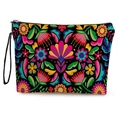Borsa per trucco etnica in tela con motivi floreali, cerniera nera e cinturino da polso - Stile 3-Sfondo Nero con Stampa Floreale