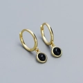 S925 sterling silver gold hoop earrings featuring round black agate stone pendants - 925 Silver / Gold (Black Agate)