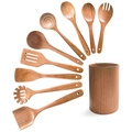 Acacia wood 9-piece kitchen utensil set with storage bucket on white background - 10-Piece Utensil Set with Holder / Approx 1060g