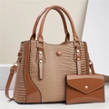 Two-piece dark brown and khaki tote bag set with crocodile texture and glossy finish - Khaki