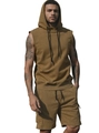 Detail of coffee brown sleeveless hoodie and cargo shorts set with textured cotton fabric - Earthy Yellow