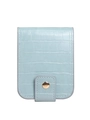 Light blue PU leather lipstick case with crocodile texture and gold snap button closure - Blue