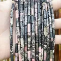 Cylindrical rhodonite natural stone beads for DIY jewelry making with black pink textures - 4x13mm Tube/Strand / Natural Black Line Rhodonite