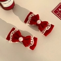 Pair of red velvet bow hair clips with white lace trim and pearls for New Year hair styling - Lace Bow Hair Clips Pair