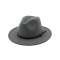 Detail of dark grey wool felt fedora featuring black leather band and gold metal buckle - M / Gray