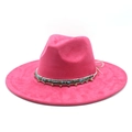 Close-up of rose red fedora with ethnic turquoise beaded band and metallic charms - Rose Red Suede