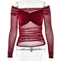 Detail of off-shoulder mesh top in wine red with elegant pleated texture and long sleeves - S / Red