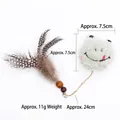 Grey plush frog cat toy with brown feathers, wood beads, and a silver bell charm - Frog