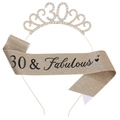 Champagne gold 30th birthday set with rhinestone tiara and 30 & Fabulous glitter sash - One Size / 30th (Glitter) / Gold/Black