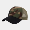 Classic woodland camouflage trucker hat with black brim and green breathable mesh - Camouflage with Black Brim / Adjustable