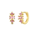 Gold-plated hoop earrings with pink geometric zircons shown in front and side views - Pink (Gold Tone)