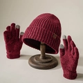 Conjunto de gorro de punto y guantes táctiles granate con parche de cuero de escudo - Talla única / Burdeos