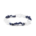 Macro view of blue and transparent natural crystal stone beads with silver accents - 350 Blue White 2