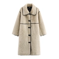 Cappotto in pelliccia sintetica beige con profili neri e bottoni, giacca lunga invernale - Taglia S / Grigio Beige