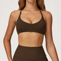 Dunkelbraunes Yoga-Set mit Sport-BH und Leggings im modischen Cross-Back-Design - S / Kaffee