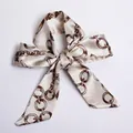 Elegant silk-like hair scarf featuring brown chain print on cream white ribbon - S55-Beige Brown Chain