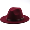 Detail of wine red wool fedora hat featuring a brown leather band and metal buckle - M (56-58cm) / Burgundy