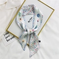 Floral print polyester twilly scarf with blue roses and pink flowers on white base - 7*100cm / Striped Flower Leaf