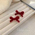 Pair of 2.6cm small red velvet bow hair clips with soft flocked texture for women - Flocked Bow Small Duckbill Clip-2.6cm / Burgundy