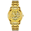 Golden skeleton mechanical watch for men with waterproof design and steel band - Gold Gold Luminous