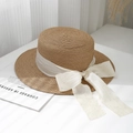 Elegante cappello di paglia a testa piatta con fiocco di strass per vacanze estive - 55-57cm (Regolabile) / Cachi (Fiocco di Nastro Lucido)