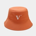 Close-up of orange cotton bucket hat featuring white embroidered V letter and stitched brim - M (56-58cm) / Orange