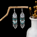 Bohemian silver drop earrings with blue turquoise beads and vintage metal tassels - E5989-1 White Green Beaded Tassel