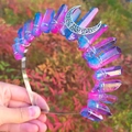 Detail of handmade Wicca crystal crown featuring blue gradient pillars and silver crescent moon - Pink Blue Gradient + White K Moon